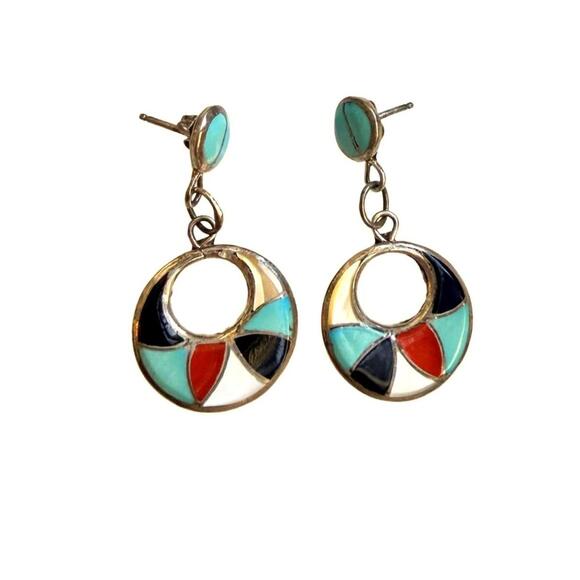 Authentic Zuni Multi-Color Inlay Dangle Earrings Sterling